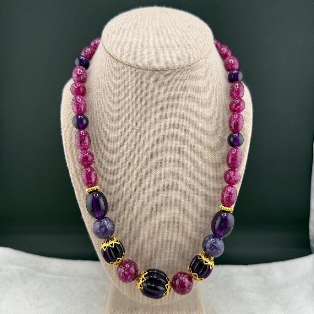 Vintage Acrylic‎ Beaded Necklace Pink Purple 22"